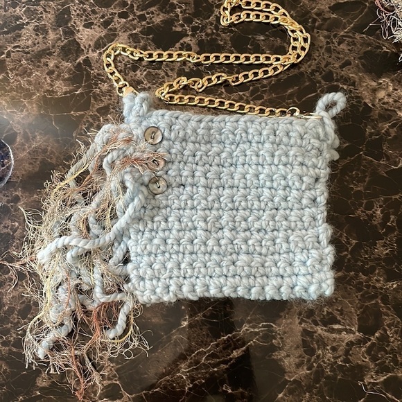 Handmade Blue Crochet Fringe Mini Bag - Picture 2 of 8